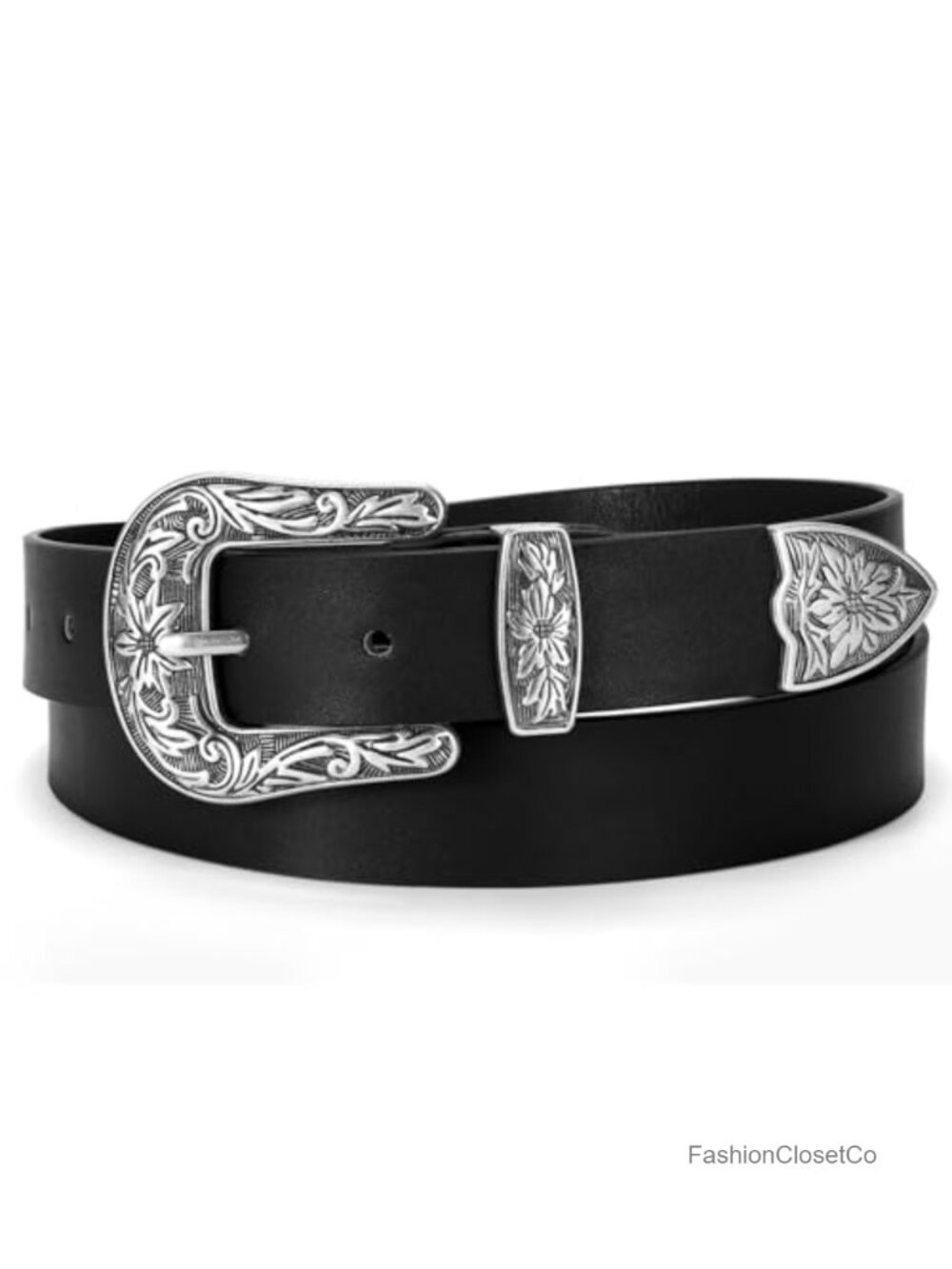 Genuine Leather Western Belt Women Vintage Floral Metal Buckle